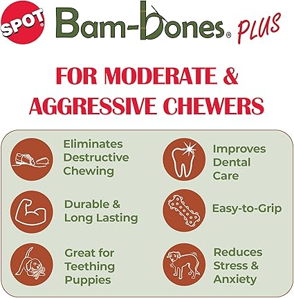 SPOT Bam-Bones Plus T-Bone, Bamboo Fiber & Nylon Dog Chew, Durable for Aggressive Chewers, Non-Splintering, for Adult Dogs & Teething Puppies Under 60lbs, 6in, Beef Flavor