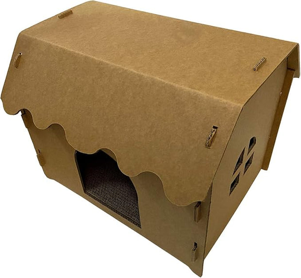 SVY Cozy Cat House with Scratcher Pad, Made of Corrugated Cardboard, Ideal for Cats & Kittens & Small Animals. 16"x12"x13"